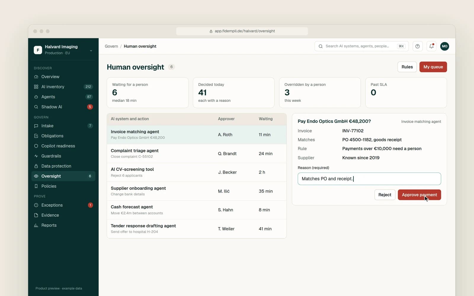 Queue of agent actions waiting for a person, with a payment open for approval